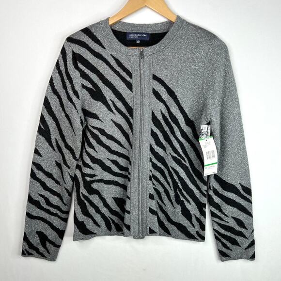 NWT Jones New York Signature Metallic Zebra Zip Cardigan LG - Picture 5 of 9